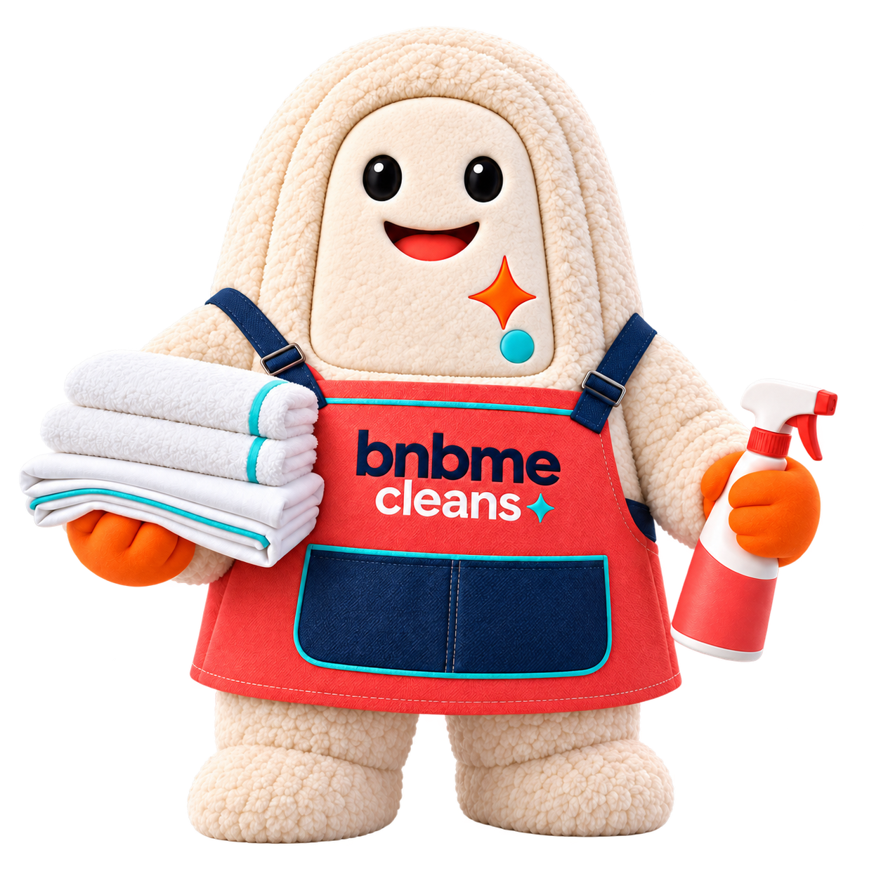 BnbMe Cleans mascot carrying fresh towels and cleaning spray